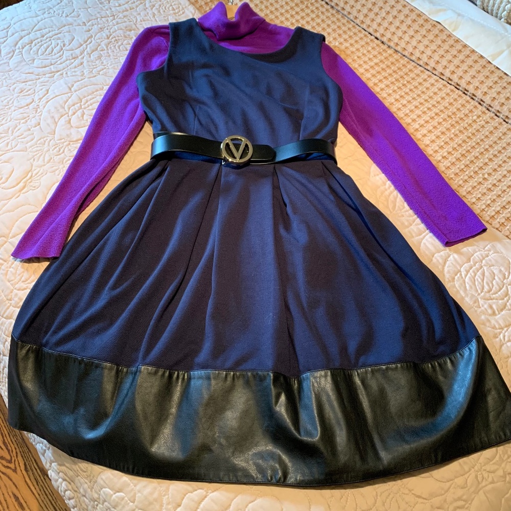 🔥Calvin Klein Faux Leather Trim Fit&Flare Dress Blue/Black S…